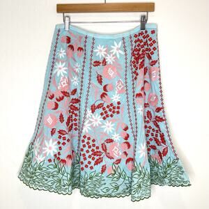 Future Paradise Anthropologie Embroidered A Line Skirt Womens 6 Blue Red Green